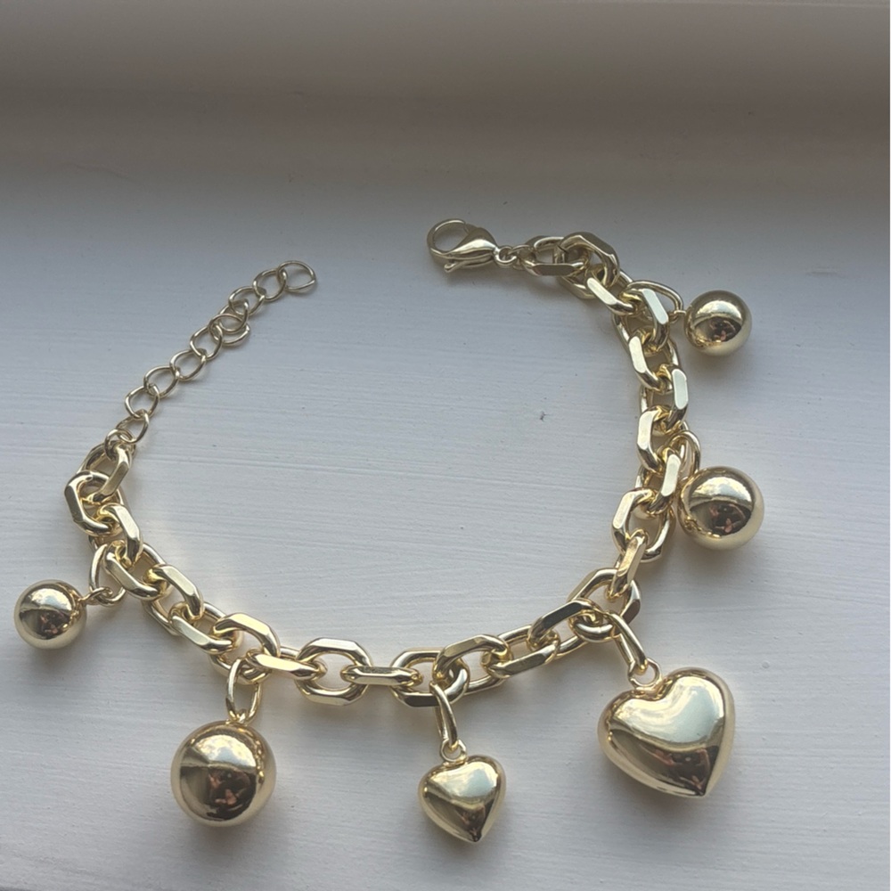 Bold Gold Plated Heart Charm Bracelet Chunky Link Love Statement Jewelry - Picture 3 of 11